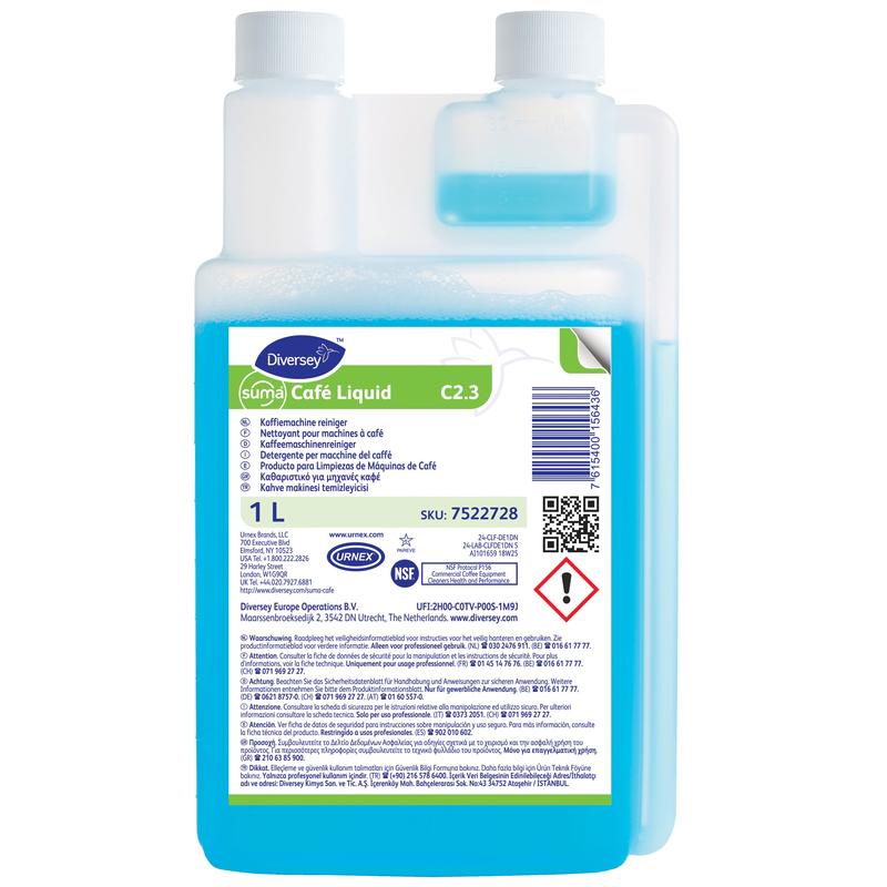 Diversey Suma Café Liquid C2.3, coffee machine cleaner | Bottle (1 l), effectively cleans coffee grease in coffee machines. With dosing cap, warning notices, and barcode on the label. By Diversey Deutschland GmbH & Co. OHG.