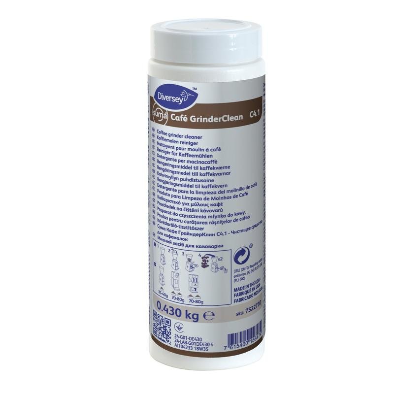 A white cylindrical container with Diversey Suma Café GrinderClean C4.1 coffee grinder cleaner (0.430 kg, 1 dose) from Diversey Deutschland GmbH & Co. OHG, for the removal of coffee oil, with multilingual instructions on the label.
