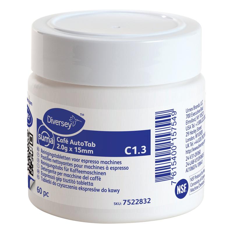 Eine weiße Kunststoffdose "Suma Café AutoTab Reinigungstabs für Espressomaschinen 60 Stk." von Diversey Deutschland GmbH & Co. OHG, entfernt Kaffeeöle und verlängert die Lebensdauer der Maschine; das Etikett hat mehrsprachige Angaben und einen Barcode.