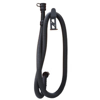 The black, flexible drain hose (long) from Diversey Deutschland GmbH & Co. OHG has connectors at both ends, is coiled, and is attached to a wall clip; it is used for manual fluid dispensing. Package: 1 piece.