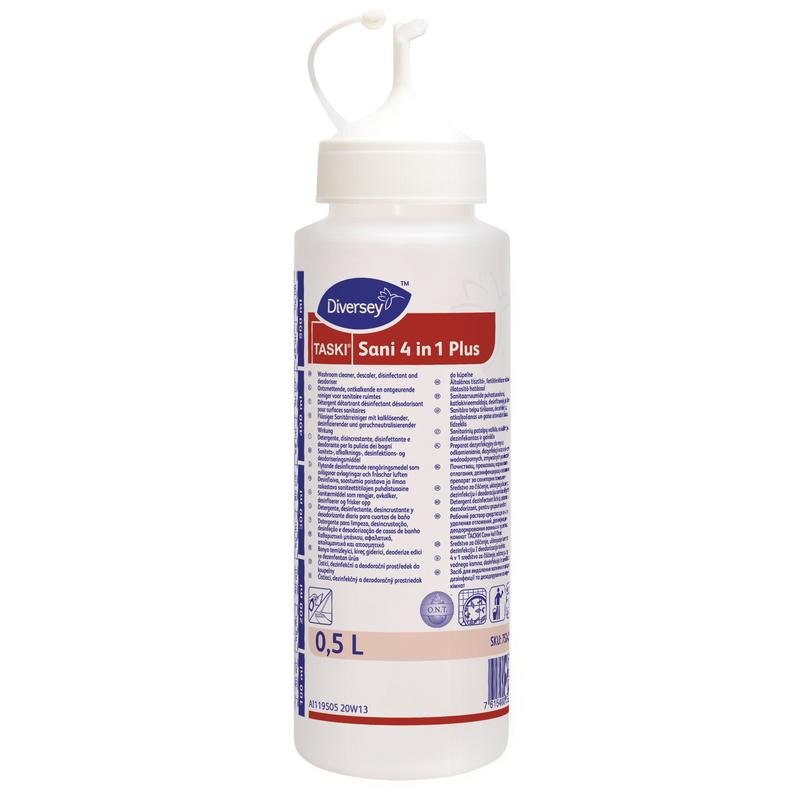 Eine 0,5L Dosierflasche TASKI Sani 4 in 1 Plus von Diversey Deutschland GmbH & Co. OHG mit einem geknickten Spritzkopf. Das Etikett ist mehrsprachig und mit blau/roten Akzenten versehen.