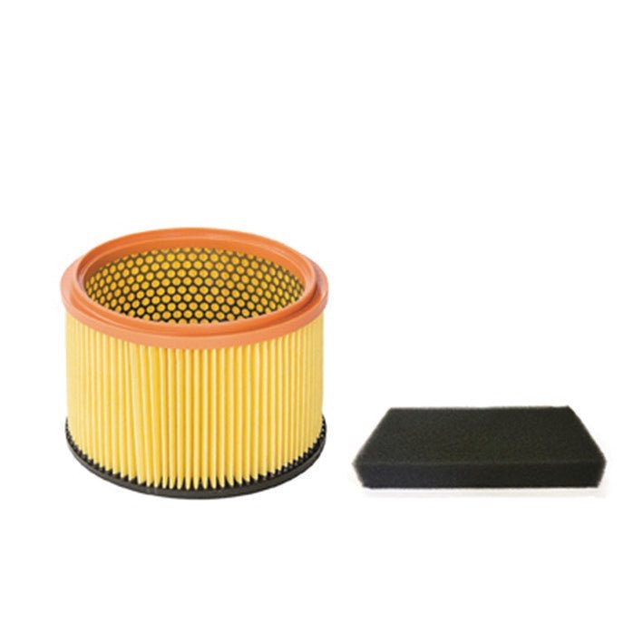 The TASKI go standard filter set (1 piece) from Diversey Deutschland GmbH & Co. OHG, consisting of a cylindrical pleated paper air filter with an orange edge and a rectangular black foam filter, is depicted on a white background.