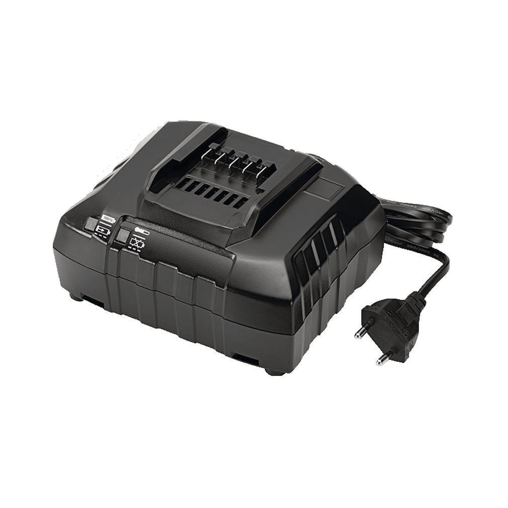 The TASKI Sprayer Charger EU 220 from Diversey Deutschland GmbH & Co. OHG is a black charger with cooling slots, control buttons, indicator lights, and a two-pin European plug - ideal for professional cleaning - on a white background.