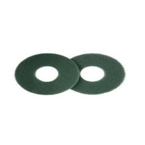 Two green floor pads 225mm from Diversey Deutschland GmbH & Co. OHG, for TASKI swingo 250µicro, are depicted overlapping on a white background. Each green round pad has a round cutout in the center. Packaging: 2 pieces.