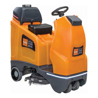 The TASKI swingo 2100µicro Li-Ion from Diversey Germany is a compact ride-on scrubber-dryer equipped with a 150Ah Li-Ion battery and an external charger, ideal for efficiently cleaning large indoor floors. Includes a seat, steering wheel, brushes, and control panel.