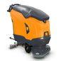 The TASKI ULTIMAXX 2900 DD55 Performance EBU from Diversey Deutschland features a wheel drive, a 63L tank, 55cm double disc, orange-gray design with rounded top, control handlebar, large rear wheels, and front scrubbing brush for professional cleaning.
