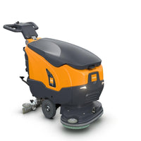 Die TASKI ULTIMAXX 900 DD55 P BMS 13A gel ready von Diversey Deutschland GmbH & Co. OHG ist eine orange-graue Industrieboden-Scheuersaugmaschine mit Bediengriffen, Rädern und Bürste - ideal für alle Oberflächen für eine saubere glänzende Oberfläche.