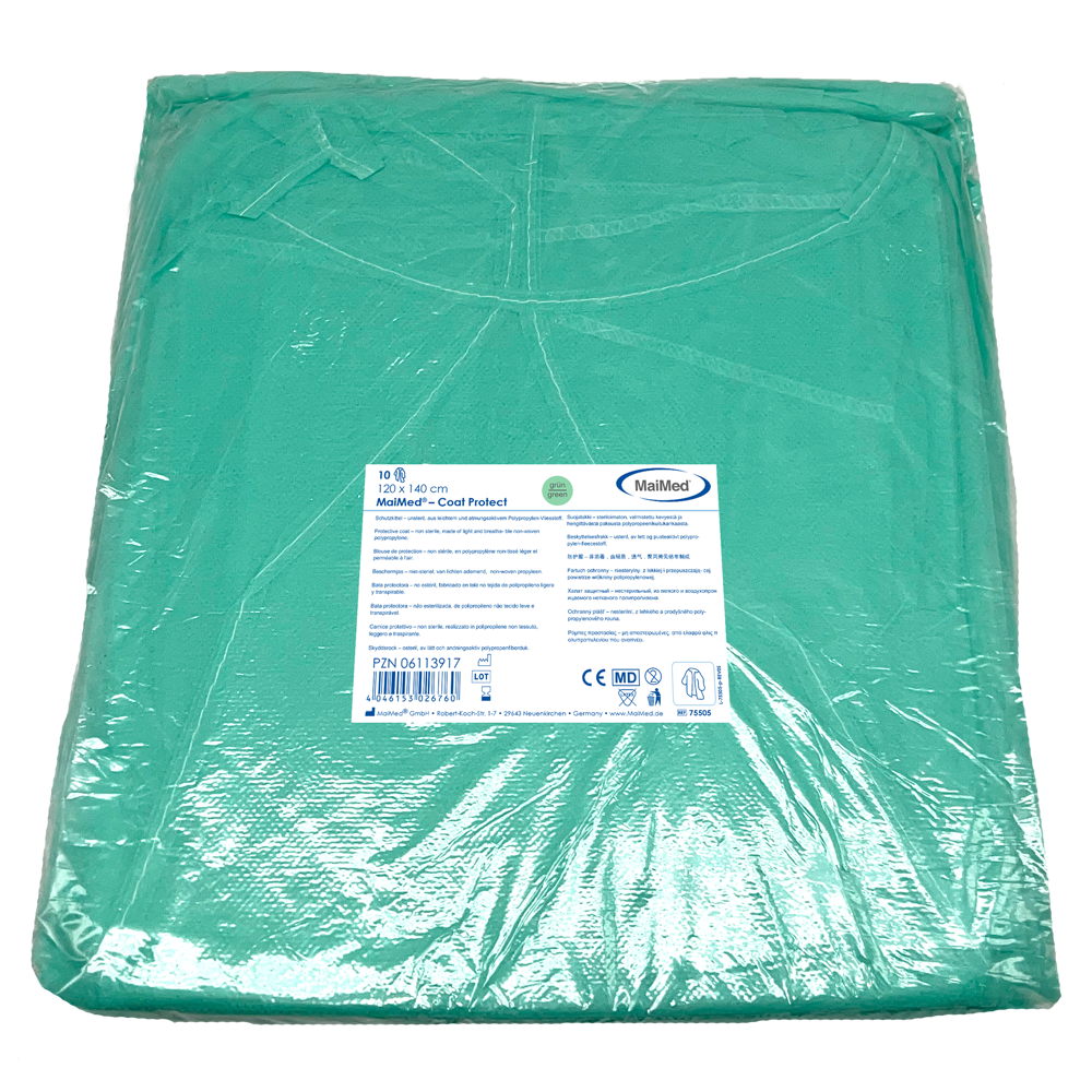 MaiMed-Coat Protect, Schutzkittel aus Vlies, grün unsteril, elast.Ärmelabschluss,Länge 120cm, 10 St. | Packung (10 Stück)