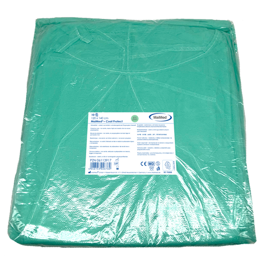 MaiMed-Coat Protect, Schutzkittel aus Vlies, grün unsteril, elast.Ärmelabschluss,Länge 120cm, 10 St. | Packung (10 Stück)