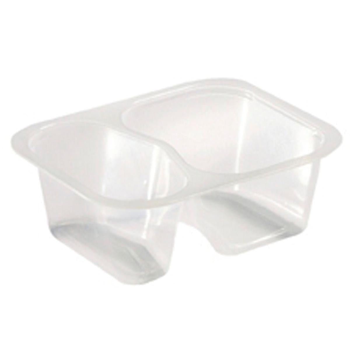 The PP bowl 2 Transparent PP 138x114x53 from Duni GmbH is a clear, two-part food container that is ideal for separating snacks or food. Available in packs of 480 pieces.