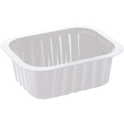 Das PP-Schälchen Weiß PP 138x114 der Duni GmbH ist ein schlichtes, rechteckiges weißes Speisetablett mit geriffelten Seiten und abgerundeten Ecken, abgebildet auf weißem Hintergrund.