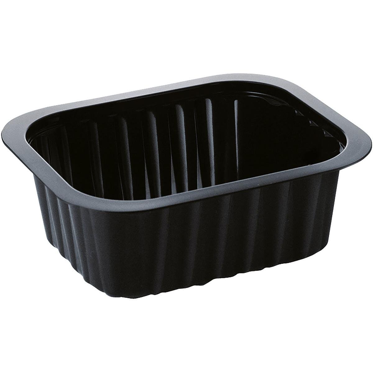 The PP 138x114 black PP tray from Duni GmbH is a black, rectangular food tray with ribbed sides and a slightly raised rim, shown against a white background.
