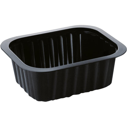 The PP 138x114 black PP tray from Duni GmbH is a black, rectangular food tray with ribbed sides and a slightly raised rim, shown against a white background.