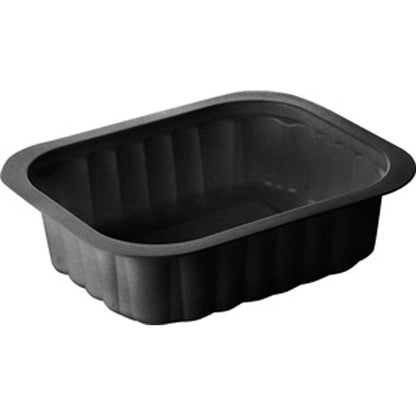 A Duni GmbH PP dish, black PP 138x114, with ribbed sides and a flat rim, black and rectangular, shown in an oblique top view against a white background.