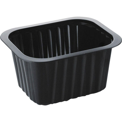 The PP 138x114 Black PP tray from Duni GmbH is a black rectangular plastic tray with ridged sides and a wide rim, which is frequently used in the food service industry for packaging or serving food.