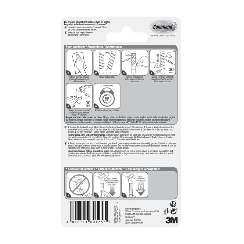 Back of the 3M Command™ Mini Hooks (transparent, 17006CLR) packaging with illustrated steps for applying/removing the transparent strips, multilingual text, and product information. Ideal for transparent hooks or mini hooks.