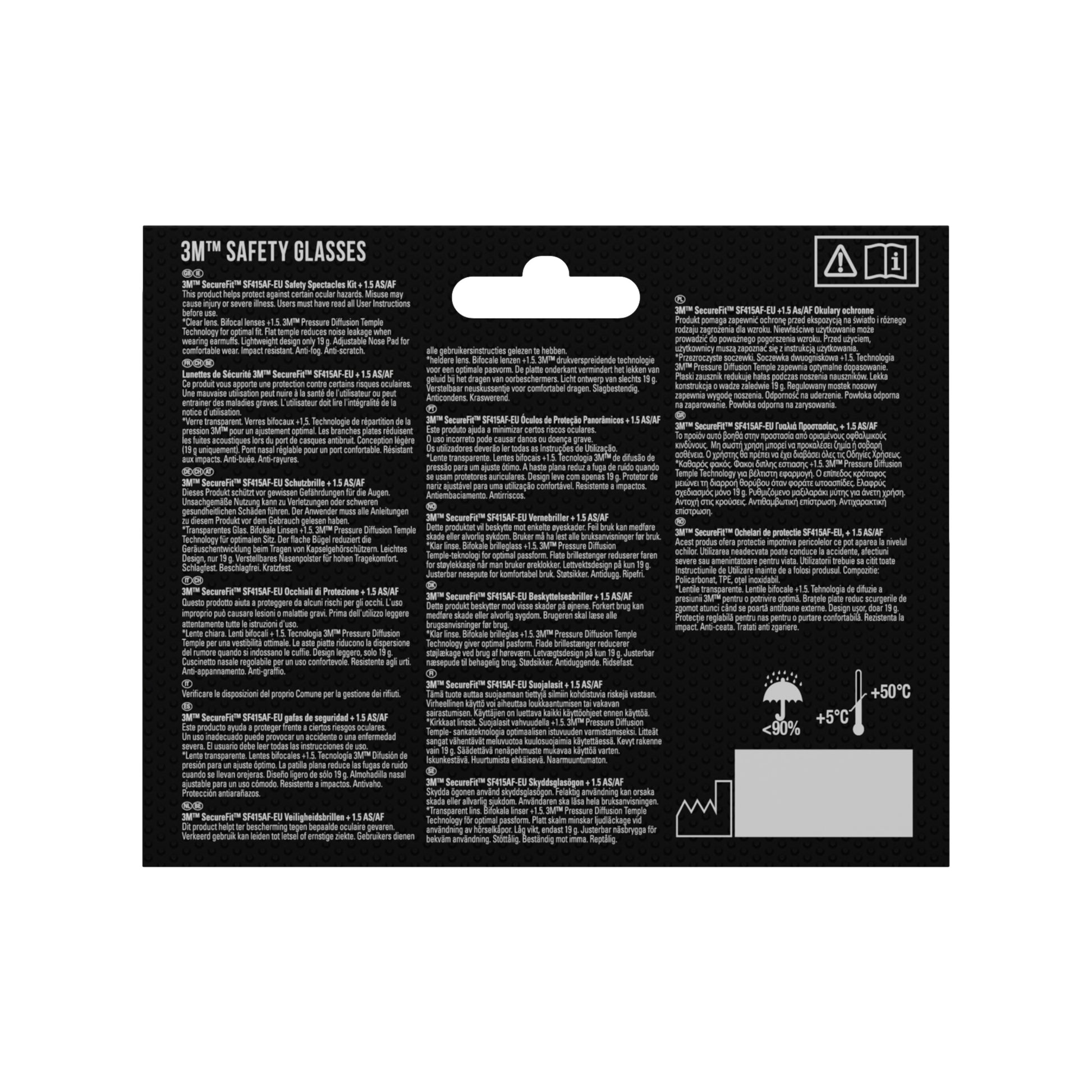 Die 3M™ SecureFit™ Lese-Schutzbrille der 3M Deutschland GmbH kommt in einer schwarzen Verpackung mit weißem Text, mehrsprachigen Produktbeschreibungen, Warnsymbolen und einem -20°C bis +50°C Temperaturdiagramm in der unteren rechten Ecke.