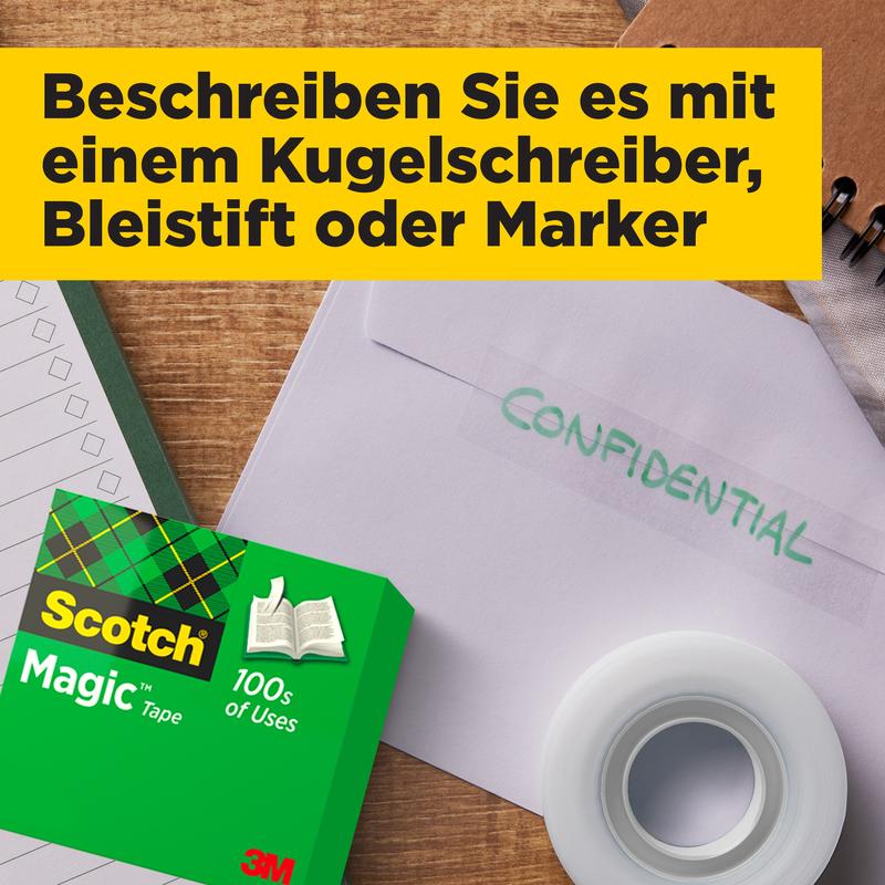 On a wooden table lie a pack of 3M Scotch® Magic™ Invisible Tape, value pack with 14 rolls (19 mm x 33 m), a pen, stacks of paper, and an envelope with "CONFIDENTIAL". In the yellow field: "Write with ballpoint pen, pencil, or marker.