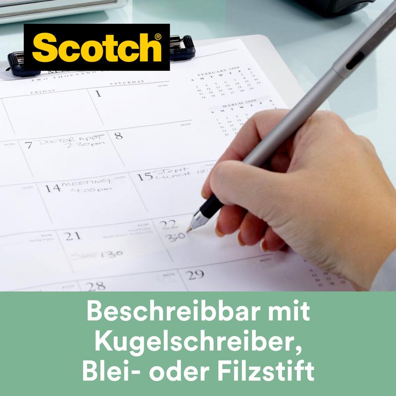 A hand writes with a pen on a desk calendar. On a clipboard is the logo of 3M Deutschland GmbH Scotch® Magic™ Tape (66% plant-based adhesive, 19 mm x 33 m, 9 rolls/pack). The German text reads: "Writable with ballpoint pen, pencil, or felt-tip pen."