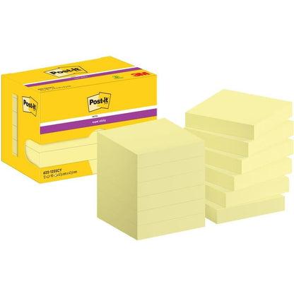 A yellow box with the inscription "Post-it® Super Sticky Notes, 47.6 mm x 47.6 mm, 90 sheets/block, 100% PEFC" from 3M Deutschland GmbH is depicted, with nine yellow sticky note blocks stacked next to it.