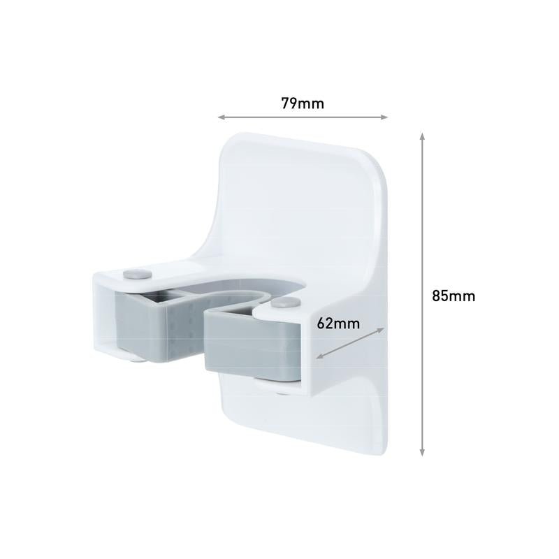 Der Command™ Besenhalter, 17007-FR von 3M Deutschland GmbH, ist ein weißer und grauer wandmontierter Reinigungsgerätehalter (79x62x85 mm) mit zwei Schlitzen, einer erhöhten Rückwand und einer einfachen Montage mit Command Klebestreifen.