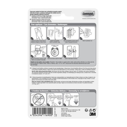 Die Rückseite einer Command™ Besenhalter, 17007-FR-Verpackung der 3M Deutschland GmbH zeigt eine bebilderte, mehrsprachige Anleitung zum Anbringen und Entfernen des Halters mit Command Klebestreifen. Diagramme führen Schritt für Schritt durch die Montage und Demontage.