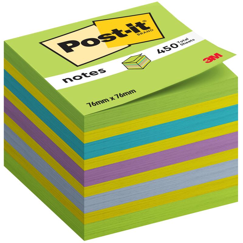 A stack of Post-it® Notes cube, 76 mm x 76 mm, 450 sheets/block, 100% PEFC from 3M Deutschland GmbH in the colors green, blue, purple, and yellow with a label containing product details and the brand logo.