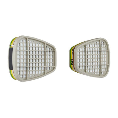 Two rectangular 3M™ Filter Cartridge 6059 ABEK1 Combination Filters (1 Pair, 3M Deutschland GmbH) with gray grids and colored labels are shown from the front and side on a white background.