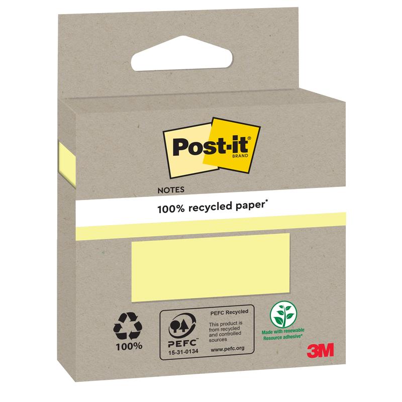 A pack of Post-it® Recycling Notes (76x76 mm, 100 sheets, 100% PEFC) by 3M Deutschland GmbH shows eco-friendly logos and a yellow Post-it® logo on a brown cardboard box with a hanging tab.