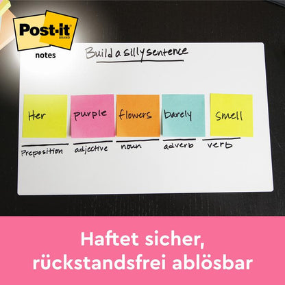 On a whiteboard, there are five colorful Post-it® sticky notes (76 mm x 127 mm, 100 sheets/block, 100% PEFC) from 3M Deutschland GmbH, each labeled with a part of speech; the German text highlights the secure, residue-free adhesion.
