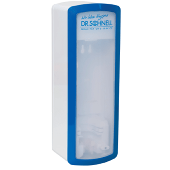 The DR.SCHNELL Dispenser V10, a wall-mounted, touchless dispenser for 500/1,000 ml bottles, features a blue-bordered, translucent front with "Dr. Schnell" and German text - ideal for maintaining hand hygiene in any area.