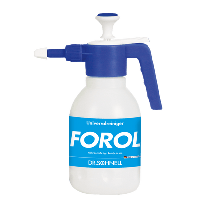 Der DR.SCHNELL Drucksprüher 1,5 Liter, leerDosierhilfen von DR.SCHNELL GmbH & Co. KGaA ist ein weißer Kunststoffsprüher mit blauem Griff und Düse, ideal für präzise Reinigungsaufgaben.