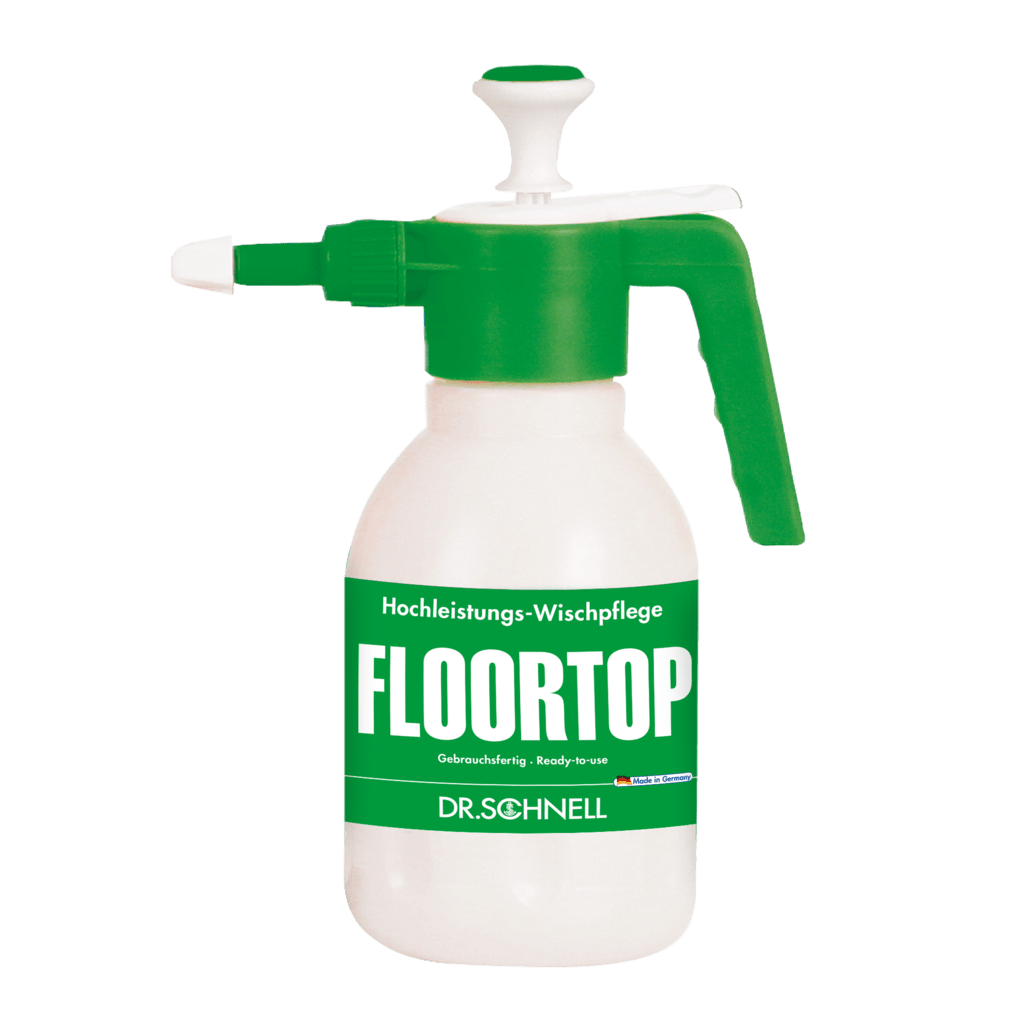 Eine weiße Kunststoff-Sprühflasche Dr. Schnell Drucksprüher 1,5 Liter von DR.SCHNELL GmbH & Co. KGaA, mit grüner Pumpe und Düse, mit der Aufschrift "FLOORTOP" in großen Buchstaben und "DR. SCHNELL" in deutscher Schrift am Boden.