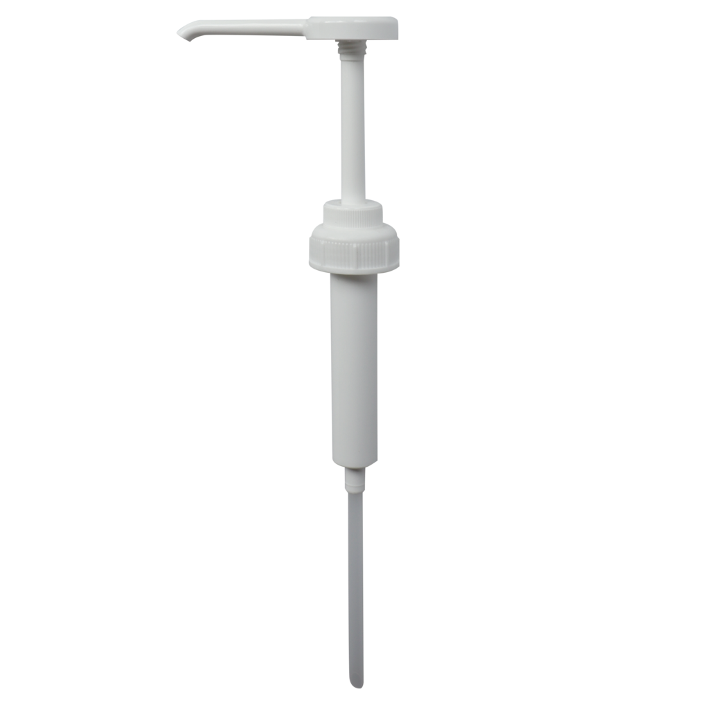 Der Dr. Schnell Dispenser, Dosierhilfen Dispenser von DR.SCHNELL GmbH & Co. KGaA ist eine weiße Kunststoffpumpe mit langer Tülle und Tauchrohr zur Dosierung von Flüssigkeiten wie Seife oder Sirup. Ideal zum Dosieren von Reinigungsmitteln. Schlichter, heller Hintergrund.