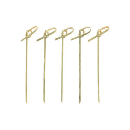 Fünf PAPSTAR 40 Fingerfood - Picker „pure“ der PAPSTAR GmbH, mit geknoteten Schlaufen an der Oberseite, sind vertikal in einer Reihe auf weißem Untergrund angeordnet.
