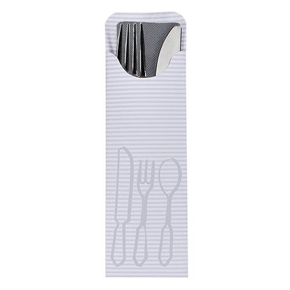 Die PAPSTAR 100 Bestecktaschen (23,5 x 7,3 cm) der PAPSTAR GmbH präsentieren Besteck in einer farbigen Bistro-Serviette stilvoll und perfekt für den Gastronomiebereich.