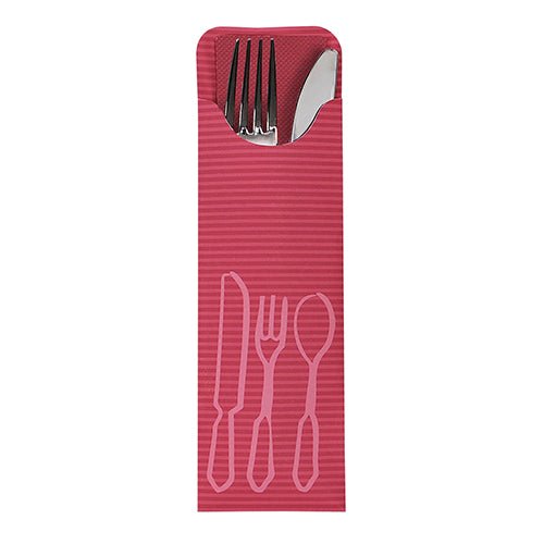 Die PAPSTAR 100 Bestecktaschen (23,5 x 7,3 cm) der PAPSTAR GmbH verfügen über eine rote Bistro-Serviette mit weißen Besteckkonturen und werden mit Gabel und Messer aus Metall geliefert – ideal für die Gastronomie.