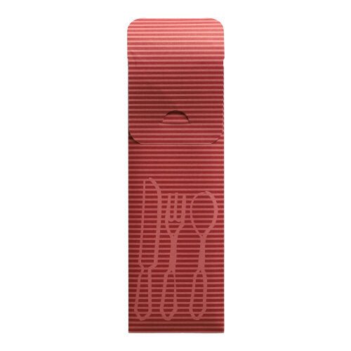 Die PAPSTAR 100 Bestecktaschen (23,5 x 7,3 cm) der PAPSTAR GmbH sind rote, längs gerippte Bestecktaschen aus Papier mit geprägten Gabeln, Messern und Löffeln, einer Deckellasche und einer farbigen Bistroserviette – ideal für den Gastronomieeinsatz.