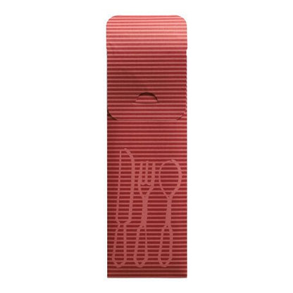 Die PAPSTAR 100 Bestecktaschen (23,5 x 7,3 cm) der PAPSTAR GmbH sind rote, längs gerippte Bestecktaschen aus Papier mit geprägten Gabeln, Messern und Löffeln, einer Deckellasche und einer farbigen Bistroserviette – ideal für den Gastronomieeinsatz.