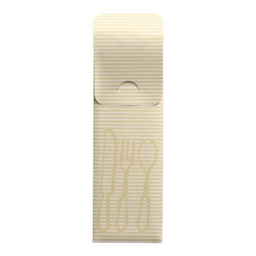 Die PAPSTAR 100 Bestecktaschen (23,5 x 7,3 cm) der PAPSTAR GmbH präsentieren sich im beige-weiß gestreiften Design mit Besteckkontur, inklusive einer farbigen Bistro-Serviette – ideal für den Gastronomieeinsatz.