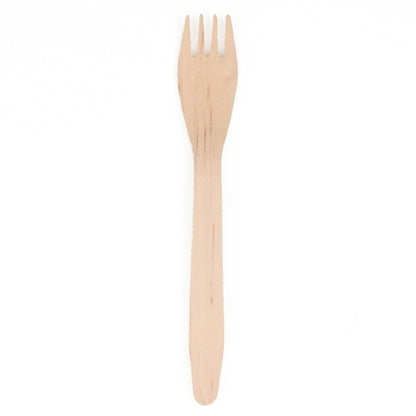 A single PAPSTAR wooden fork "pure" (16.5 cm, eco-friendly and sturdy) from PAPSTAR GmbH with four prongs is seen against a white background.