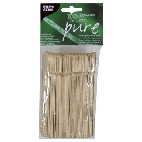 A pack of 100 PAPSTAR stirring sticks wood "pure" (13 cm), environmentally friendly and stable, in a bag from PAPSTAR GmbH - stacked and packed in transparent foil with a green-black label.
