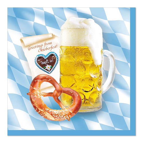 A glass of beer with foam, a pretzel, a decorated gingerbread, and 100 PAPSTAR napkins, 3-ply 1/4-fold 33 cm x 33 cm from PAPSTAR GmbH lie on 'Greetings from Oktoberfest!' paper on a blue and white diamond background.