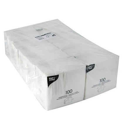 A transparent plastic packaging from PAPSTAR GmbH contains 1200 white, 1-ply napkins (33x33 cm), ideal for events. "PAPSTAR" is printed on the package. FSC-certified for environmentally conscious comfort.