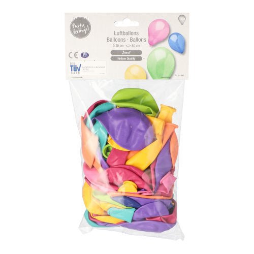 Ein Klarsichtbeutel der PAPSTAR GmbH enthält 50 "Trend" Luftballons, Ø 25 cm, farbig sortiert. Die Partyzubehör-Verpackung zeigt Ballonbilder und das Wort "Ballons" in verschiedenen Sprachen.