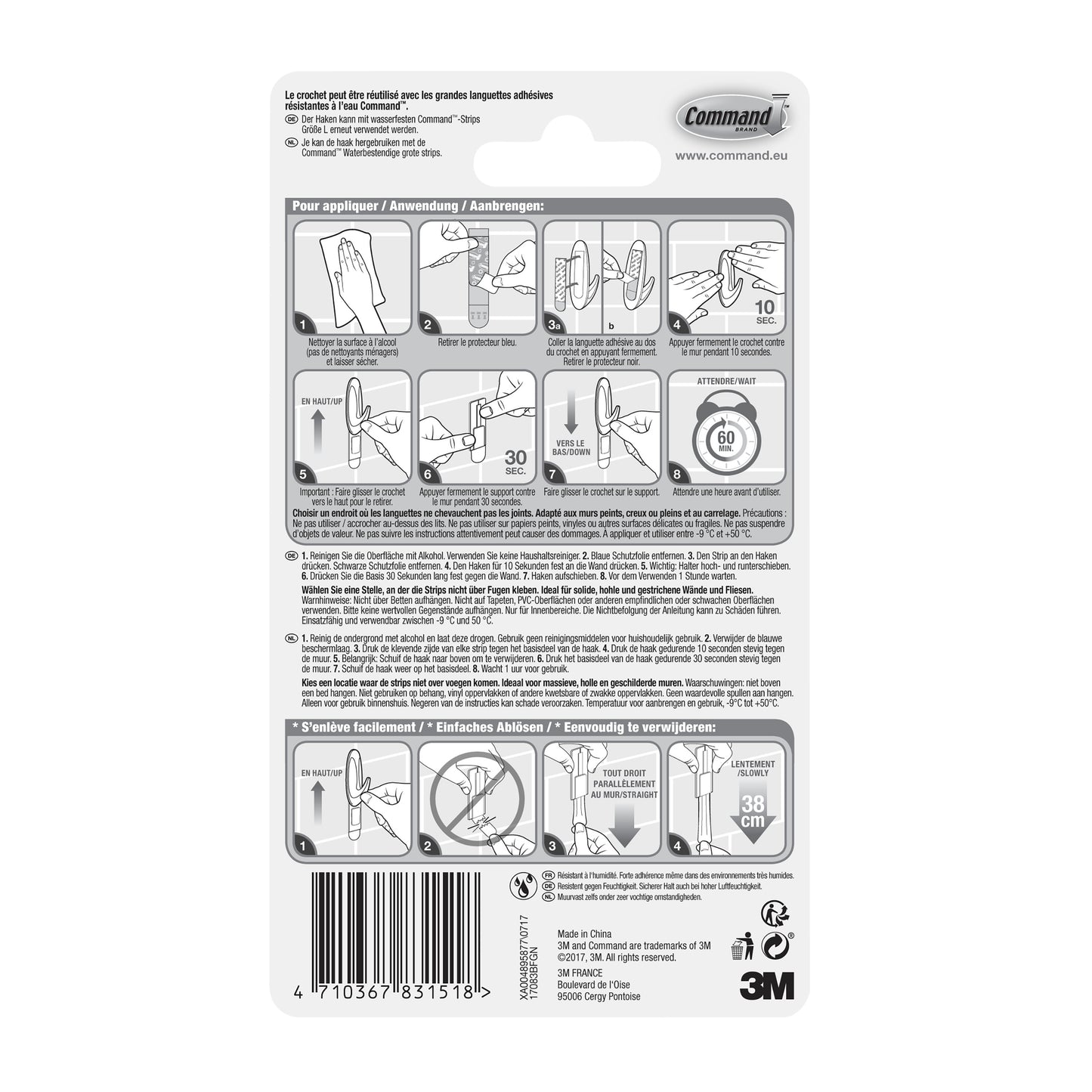 Die Rückseite des Command™ Bad Large Design-Hakens, 17083B von 3M Deutschland GmbH, zeigt eine bebilderte Schritt-für-Schritt-Anleitung zum Anbringen und Entfernen von Badezimmerhaken ohne Bohren, mit mehrsprachigem Text und Produktinformationen am unteren Rand.