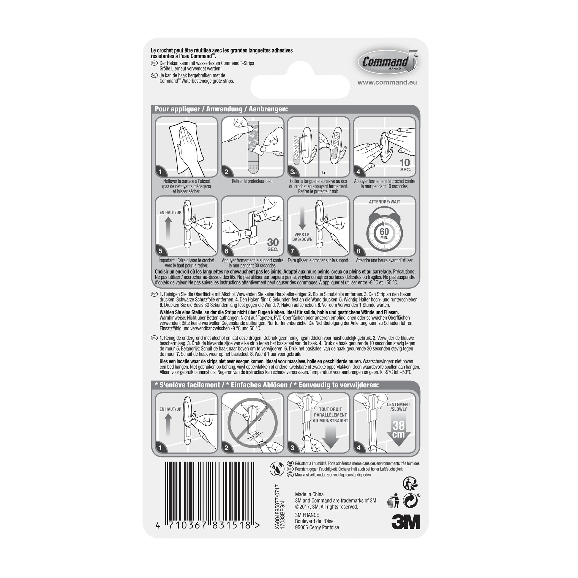 Die Rückseite des Command™ Bad Large Design-Hakens, 17083B von 3M Deutschland GmbH, zeigt eine bebilderte Schritt-für-Schritt-Anleitung zum Anbringen und Entfernen von Badezimmerhaken ohne Bohren, mit mehrsprachigem Text und Produktinformationen am unteren Rand.