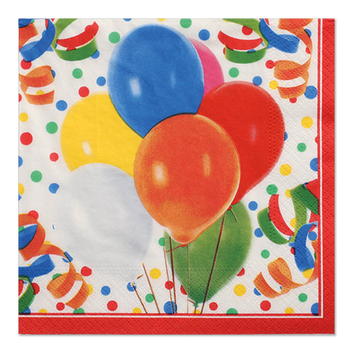 Enhance your party with the 100 PAPSTAR napkins in 3-ply 1/4-fold (33 x 33 cm) from PAPSTAR GmbH with a cheerful design of balloons, confetti, streamers, red border, and colorful dots on a white background.