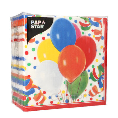A pack of PAPSTAR 100 napkins, 3-ply, 1/4-fold, 33x33 cm from PAPSTAR GmbH. Colorful balloons and confetti on a white background; the napkins are stacked in a transparent plastic package.