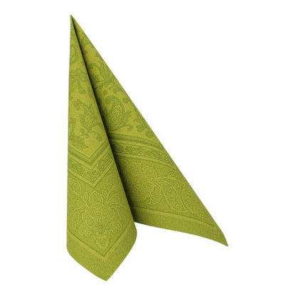 The folded green napkin PAPSTAR 50 napkins "ROYAL Collection" 1/4-fold 40 x 40 cm of the PAPSTAR GmbH stands upright on a white background, showing its subtle elegance for any set table.